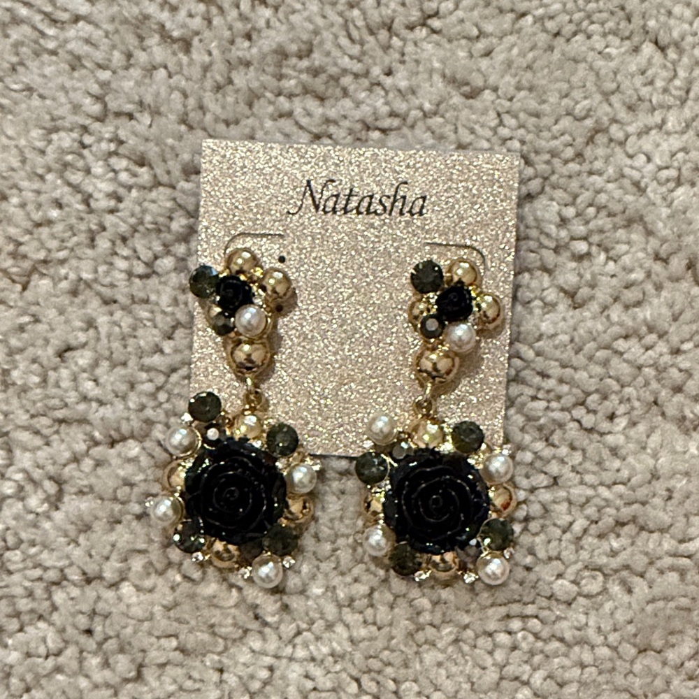Natasha Couture Black and Gold Rose Earrings